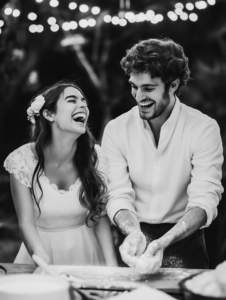 A couple laughing while baking together, flour on their faces, symbolizing the light-heartedness of shared moments