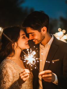 A couple lighting sparklers on New Year’s Eve, their smiles reflecting the excitement of new beginnings