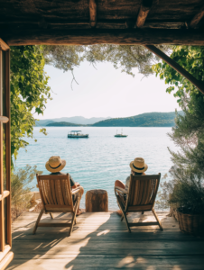 A couple or friends enjoying a weekend getaway at a cabin or beach, illustrating relaxation and escape from daily routines