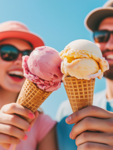 A couple sharing an ice cream cone on a sunny day, laughing as they enjoy the treat, symbolizing carefree, happy moments