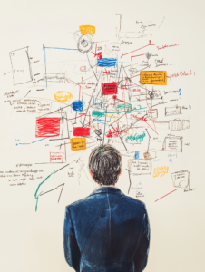 A creative mind map or diagram drawn on a whiteboard or paper, representing visual study techniques used to understand complex topics