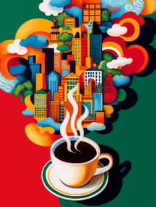 A cup of coffee with steam swirling into shapes of cityscapes, illustrating the role of coffee in energizing daily routines