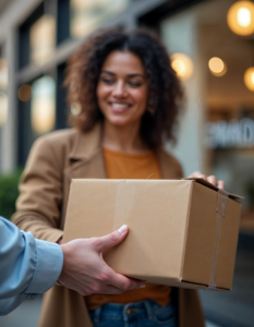 A customer receiving a package they ordered online, shows the seamless connection between online retail and delivery services