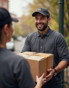 A delivery driver handing a package to a smiling customer, captures the human interaction and satisfaction of successful delivery