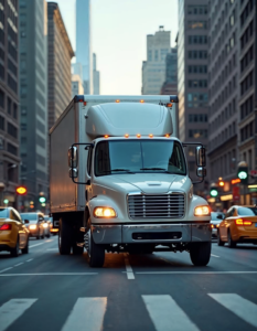 A delivery truck navigating a busy city street, highlights the challenges and complexities of urban logistics