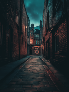 A deserted street scene at night with dark alleys, suggesting the hidden struggles of those battling drug addiction