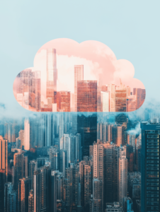 A digital cloud icon overlaid on a busy city skyline, symbolizing the role of cloud technology in modern business and digital infrastructure