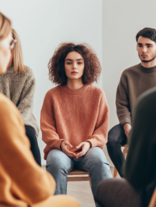 A diverse group of people sitting in a circle in a group therapy session, symbolizing the power of shared experiences and support