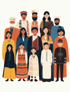 A diverse group of people wearing traditional clothing from their respective cultures