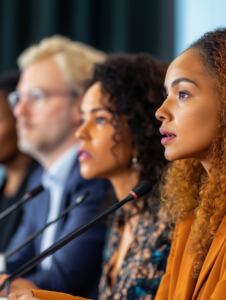 A diverse panel of leaders speaking at a conference or seminar, highlighting representation and diverse voices in positions of power