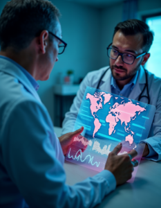 A doctor reviewing a patient’s health data on a holographic display, with vibrant graphs and charts revealing insights and informing personalized treatment plans