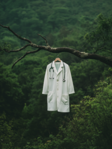 A doctor’s coat hanging on a tree branch, symbolizing the intersection of medicine and nature in healing practices