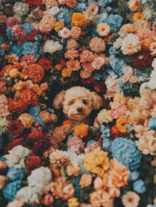 A dog digging in a garden where the flowers bloom into dog toys, symbolizing the playful spirit and energy pets infuse into everyday life