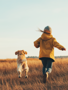 A dog running towards its owner with pure excitement, symbolizing the bond and joy between pets and their humans