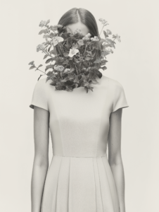 A dress form with vines and flowers growing from it, symbolizing the organic connection between nature and fashion design