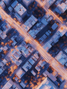 A drone flying over a city, casting a digital shadow, symbolizing how consumer technology hovers over and influences everyday urban life