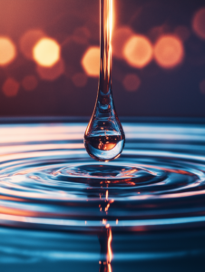 A drop of liquid falling into a petri dish, creating ripples that form molecular structures, symbolizing the impact of scientific discoveries