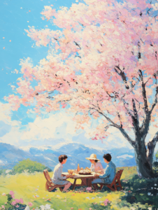 A family enjoying a picnic under a blooming tree, capturing the peaceful and contented moments spent together