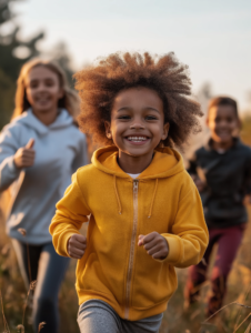 A family enjoying an outdoor fitness activity together, such as hiking or playing sports, promoting healthy lifestyles for all ages