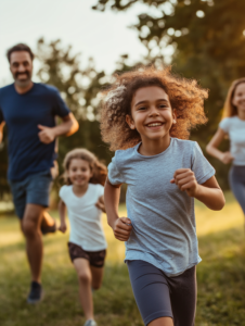 A family jogging together in a park, showcasing physical activity as part of a healthy lifestyle