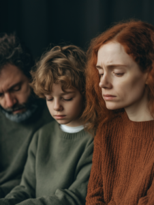 A family sitting together but looking distant or sad, highlighting the effects of alcohol addiction on relationships