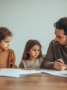 A family sitting together with a lawyer discussing legal documents, symbolizing the importance of justice in family law matters