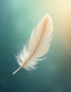 A feather floating gently in the air, signifying lightness and peace of mind