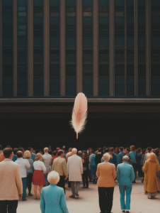 A feather floating through a crowd of people, turning into a statement piece of fashion, representing how subtle beauty stands out