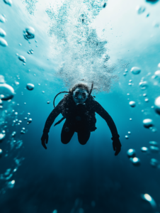 A figure diving into the ocean, with each bubble revealing a different underwater world, symbolizing the depths of adventure