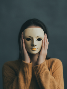 A figure holds a mask in front of their face, hiding their true feelings, symbolizing the dichotomy between outward appearance and inner sorrow