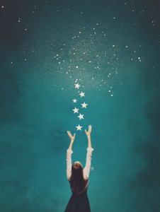 A figure reaching up and catching stars as they fall, symbolizing seizing opportunities