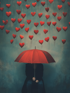 A figure sitting under a large umbrella as hearts rain down, symbolizing self-protection from overwhelming emotions