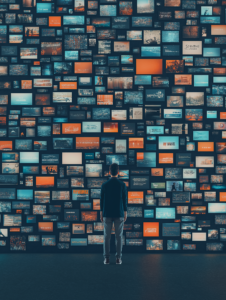 A figure standing before a wall made of billboards and digital screens, each displaying different advertisements, campaigns, and logos