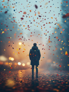 A figure standing in a rainstorm, but the raindrops are colorful, symbolizing the beauty in experiencing emotions