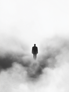 A figure walking through a dense fog that clears with each step, symbolizing clarity gained through perseverance