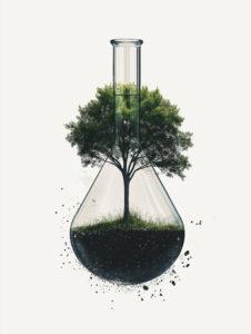 A flask with a tree growing inside, symbolizing the balance between science and nature in environmental research