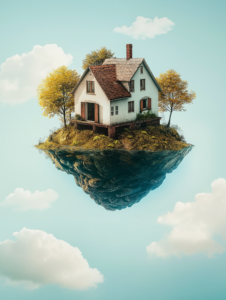 A floating island with a house upside down, representing the disorientation of seeking new beginnings