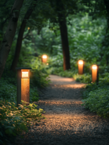 A forest path illuminated by solar-powered lamps, symbolizing the blending of technology and nature in sustainable ways