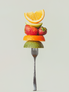 A fork balancing a stack of fruits, with a running figure in the background, symbolizing the harmony between diet and fitness