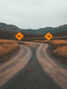 A fork in the road with campaign signs pointing in different directions, symbolizing political choices or diverging paths