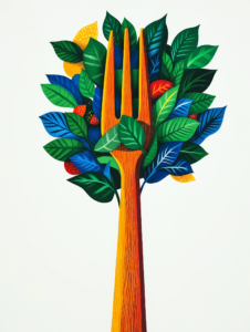 A fork with its prongs sprouting leaves, representing the natural origins of food and its growth from the earth