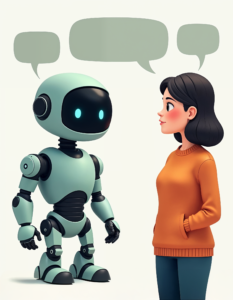 A friendly, approachable robot or avatar engaging in a conversation with a human, with speech bubbles showcasing the natural and helpful interaction