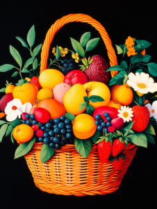 A fruit basket with each piece of fruit glowing like a jewel, symbolizing the natural value and beauty in fresh produce