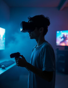 A gamer fully immersed in a virtual reality world, their body language reflecting the intensity of the game, their controllers blurring with the speed of their actions