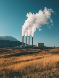 A geothermal power plant with steam rising from the ground, symbolizing harnessing Earth’s energy for sustainable power