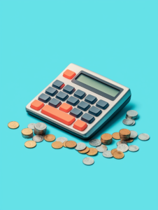 A giant calculator with coins rolling off the buttons, symbolizing how calculations lead to financial decisions and outcomes