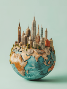 A globe where each country is represented by iconic landmarks, symbolizing the diversity of travel destinations