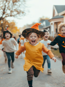 A group of children in Halloween costumes, running excitedly down a street lined with decorated houses