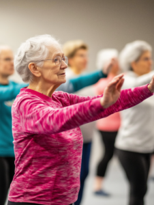 A group of elderly individuals participating in a fitness class, highlighting the importance of staying active for healthy aging