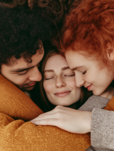 A group of friends or family members embracing or offering comfort, symbolizing the role of loved ones in mental health support